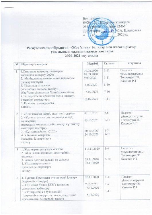 Республикалық бірыңғай "Жас Ұлан" балалар мен жасөспірімдер ұйымының жылдық жұмыс жоспрары 2020-2021 оқу жылы