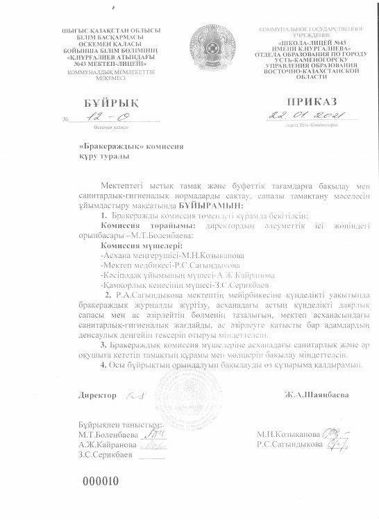 Бракераждық комиссия туралы бұйрық пен жоспары