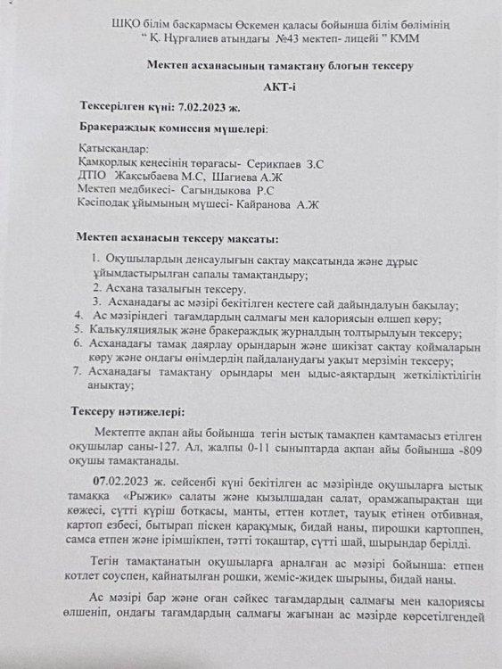 Мектеп асханасының тамақтану блогын тексеру қорытындысы